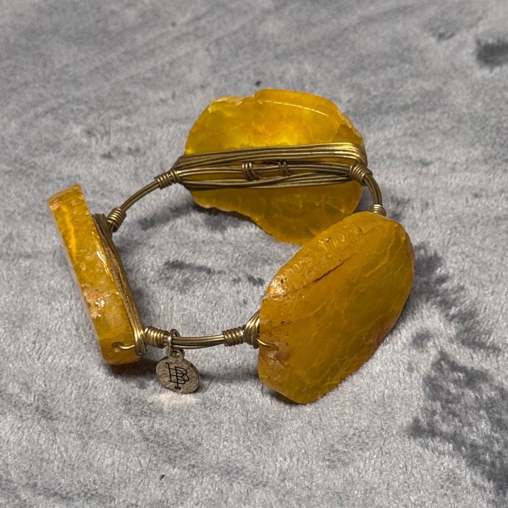 Bourbon and Boweties Yellow Agate Slice Gold Wire Wrapped Bangle Bracelet Boho